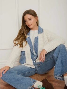 J.O.A. Cream Chunky Knit Cardigan with Denim Trim